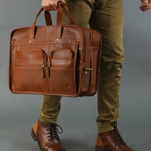Porte-documents en cuir véritable pour homme - Sac pour ordinateur portable pleine fleur Buffalo pour le bureau et l'université en fauve