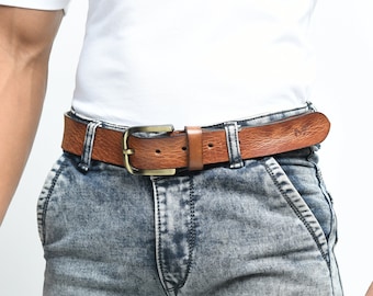 Handgemaakte buffelleren riem: bruine messing gesp
