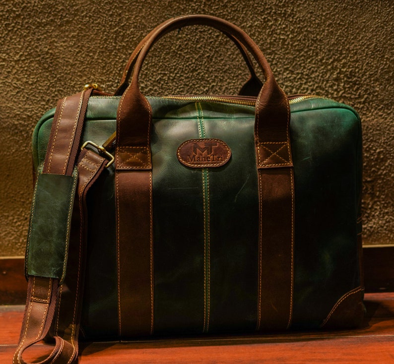 Green Leather Office Leather Briefcases Genuine Leather Briefcase Bag image 6