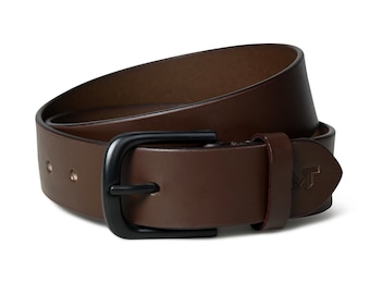 May include: A brown leather belt with a black metal buckle. The belt has a single stitch along the edge and a small logo on the end.