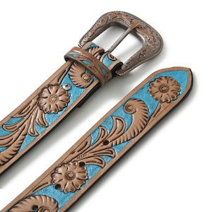 Hand Tooled Buffalo Leather Belt: Blue & Brown Western Cowboy Style