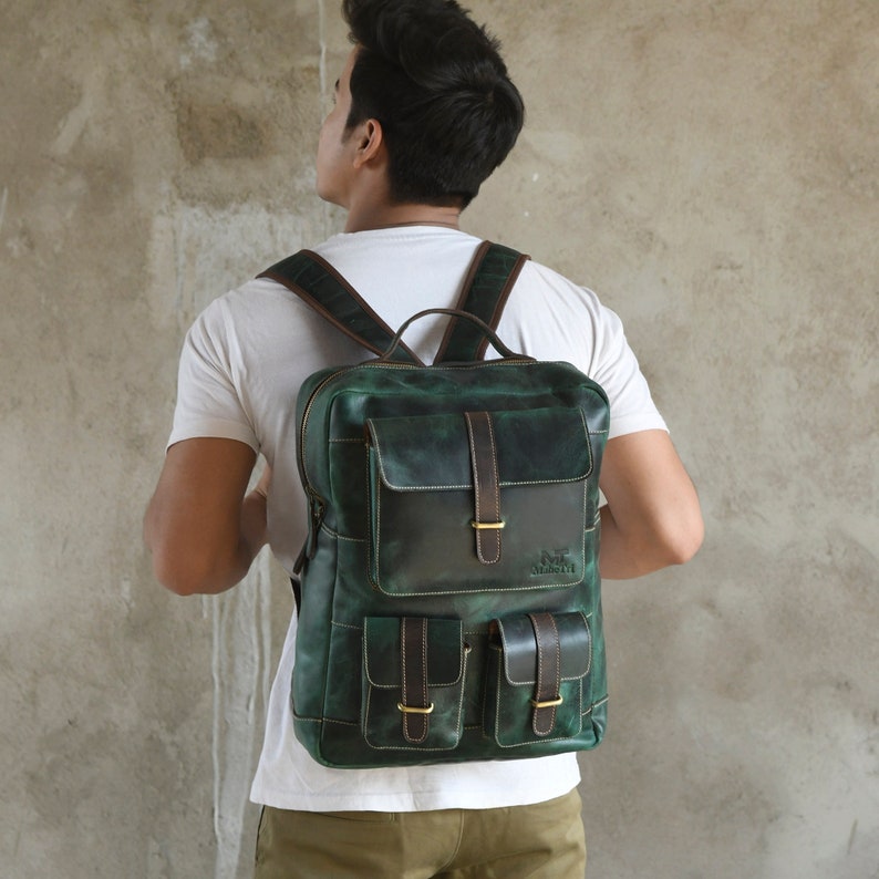 Green Full Grain 16 Inch Leather Backpack, Luxury Handcrafted Leather Backpack, Office Travel Leather Backpack image 2