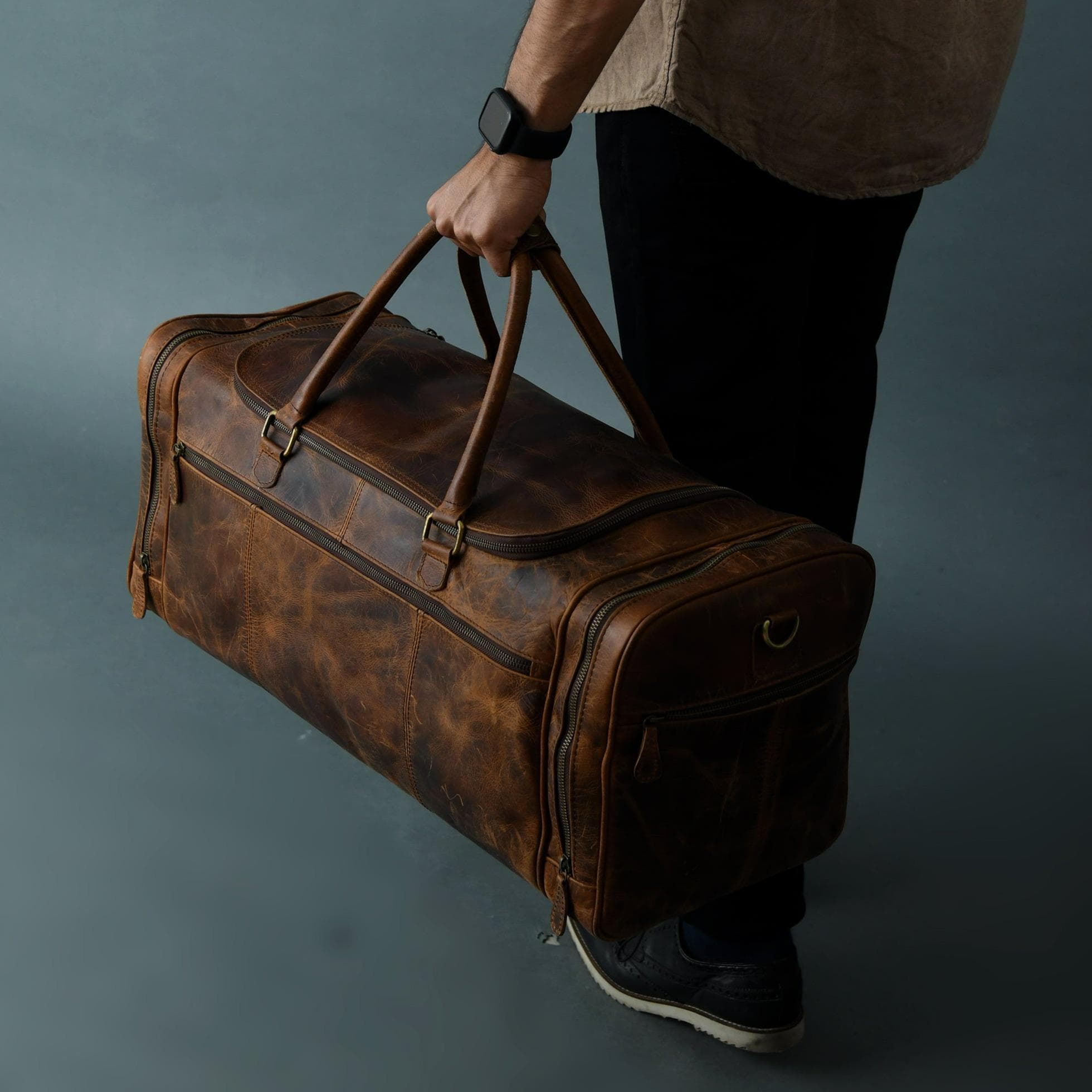 Sac De Voyage Vintage Homme - Cuir Marron - Duffle Bag Cabine - Extensible - Bandoulière Réglable