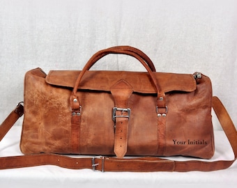 Flap Leather Travel Duffle Bag 22 x 10 Inch, Personalized wiith your name, full grain handmade leather duffle vintage bag