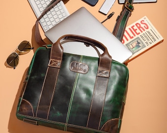 Zielona torba na laptopa Executive Buffalo Leather 14-calowa aktówka: torba biurowa