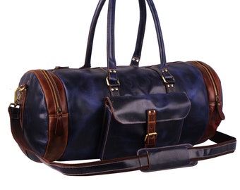 Blue Buffalo Leather Vintage Duffel Bags, Leather Gym Bag, Vintage Weekender Bag, Buff Travel Duffel Bag For Men & Women