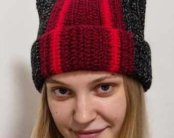 Hand Knit Black Red Beanie, Wool Blend Alternative Music Hat, Unisex Concert Wear