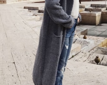 Grey Extra Long Cardigan, Oversized Cardigan, Ankle Length