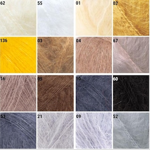 May include: A grid of yarn samples in various colors. The colors include shades of yellow, brown, pink, blue, and black. Each sample is labeled with a number, such as 62, 55, 01, 02, 136, 03, 04, 67, 16, 05, 10, 60, 53, 21, 09, and 52.