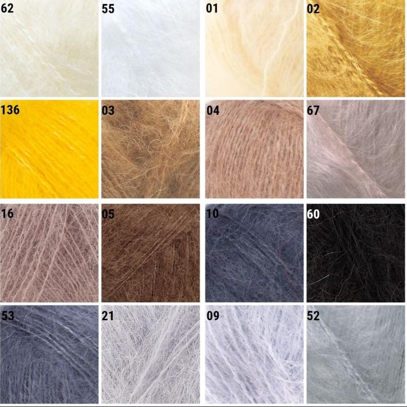 May include: A grid of yarn samples in various colors. The colors include shades of yellow, brown, pink, blue, and black. Each sample is labeled with a number, such as 62, 55, 01, 02, 136, 03, 04, 67, 16, 05, 10, 60, 53, 21, 09, and 52.