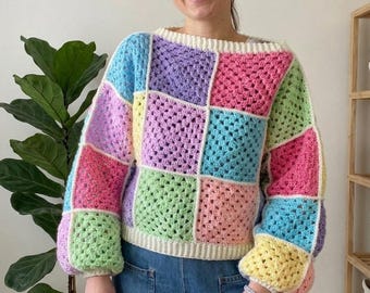 Suéter de ganchillo estilo abuela, suéter de patchwork hecho a mano para mujer, jersey de punto colorido, jersey holgado estilo boho, top de ganchillo en tonos pastel.