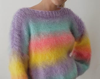 Hand Knit Mohair Sweater, Rainbow Ombre Fluffy Jumper