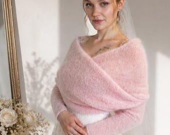 Bolero nupcial de seda y mohair rosa rubor, suéter de boda con hombros descubiertos