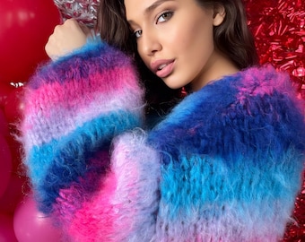 Handknit Mohair Rainbow Cardigan, Oversized Colorful Sweater