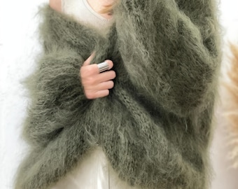Handmade Mohair Knit Cardigan – Oversized Balloon Sleeve Sweater