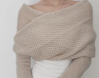 Beige Mohair Wedding Bolero- Reversible Bridal Cover Up Shawl Stole for Bride Ceremony Reception