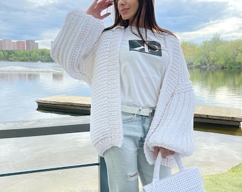 Chunky Cable Knit Cardigan Wool Blend Bulky Knitwear Oversized Sweater Jacket for Women