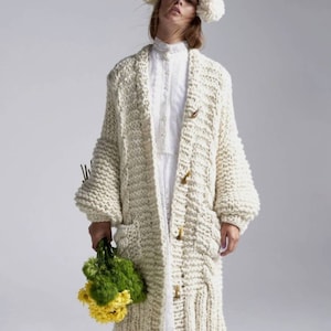 Chunky Knitted Ivory Long Cardigan for women, Cable Knit Womens Cardigan, Oversized Long Ivory Jacket, Hand Knitted Wool Ivory Coat