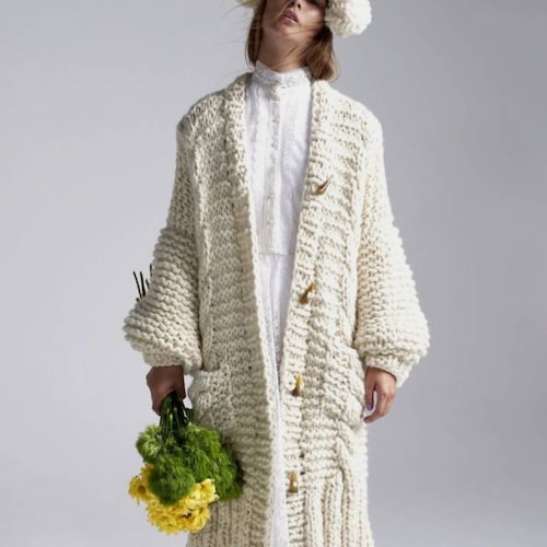 Chunky Knitted Ivory Long Cardigan for Women, Cable Knit Womens