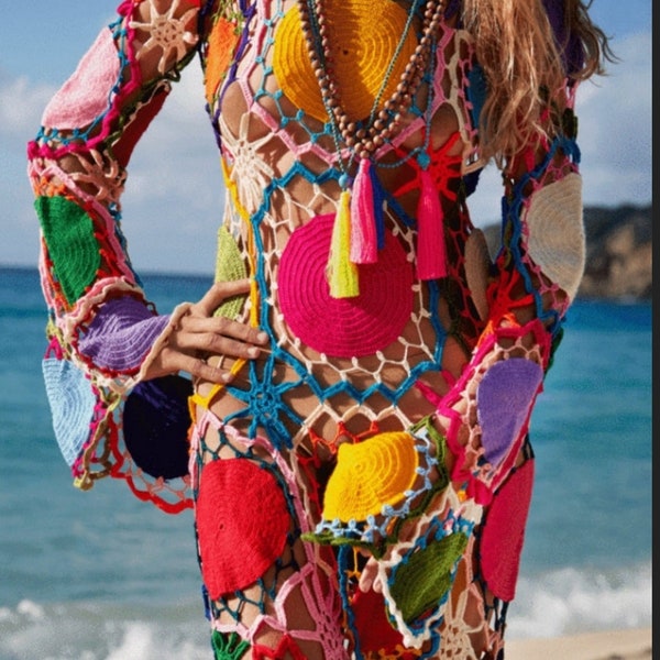 Robe de plage au crochet, robe longue au crochet, robe au crochet, robe en tricot, robe bohème, robe hippie, vêtements au crochet, dentelle au crochet, robe en tricot