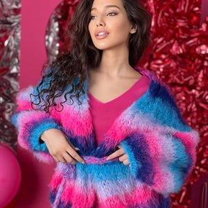 Oversize-Strickjacke, Mohair Jacke, Mohair Jacke, bunter Ombre Regenbogen Pullover, grobstrick Pullover, Damen Cardigan, Wolljacke Frauen