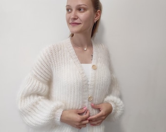 Handmade Mohair Bridal Cardigan: White Wool Wedding Jacket