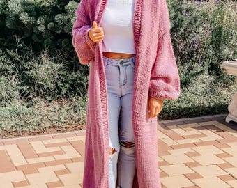 Chunky Knit Maxi Cardigan: Pink Wool Blend Sweater Coat, Extra Long Loungewear