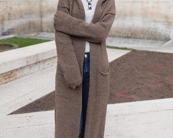 Beige Alpaca Wool Knit Maxi Cardigan, Oversized Loungewear