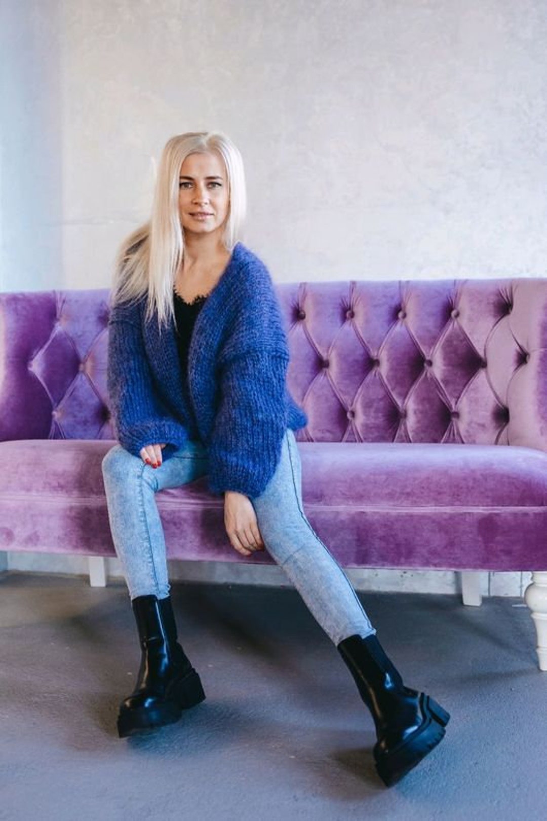 Mohair Round Neck Cardigan Navy