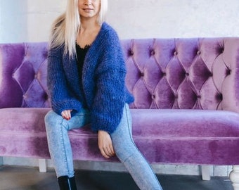 Cardigan Mohair Bleu Marine - Pull Mohair Oversize -Manches Ballon - Cardigan Chunky Knit - Cardigan en laine Angora - Cardigan avant ouvert