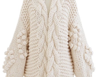 Handmade Chunky Knit Cardigan, Oversized Cable Knit Wool Blend