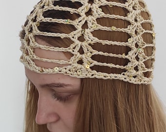Handmade Crochet Cream Cotton Mesh Hat with Sequins - Vintage Boho Netted Beanie Cap