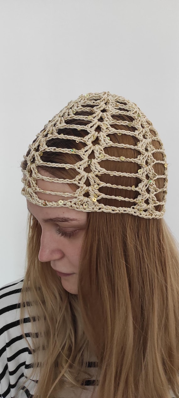 VTG Crochet Beanie. Cream. Cream White Skull Cap Sparkle Beanie Winter Hat Handmade  main image 4