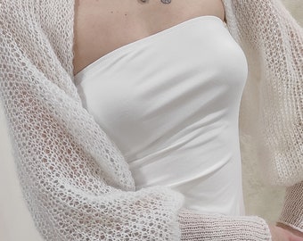 Bolero de Mohair blanco, envoltura nupcial blanca, encogimiento de hombros de Mohair blanco, capa nupcial blanca, chaqueta de boda, suéter nupcial