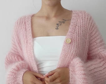 Handmade Pink Mohair Knit Cardigan - Bridal Shrug Bolero