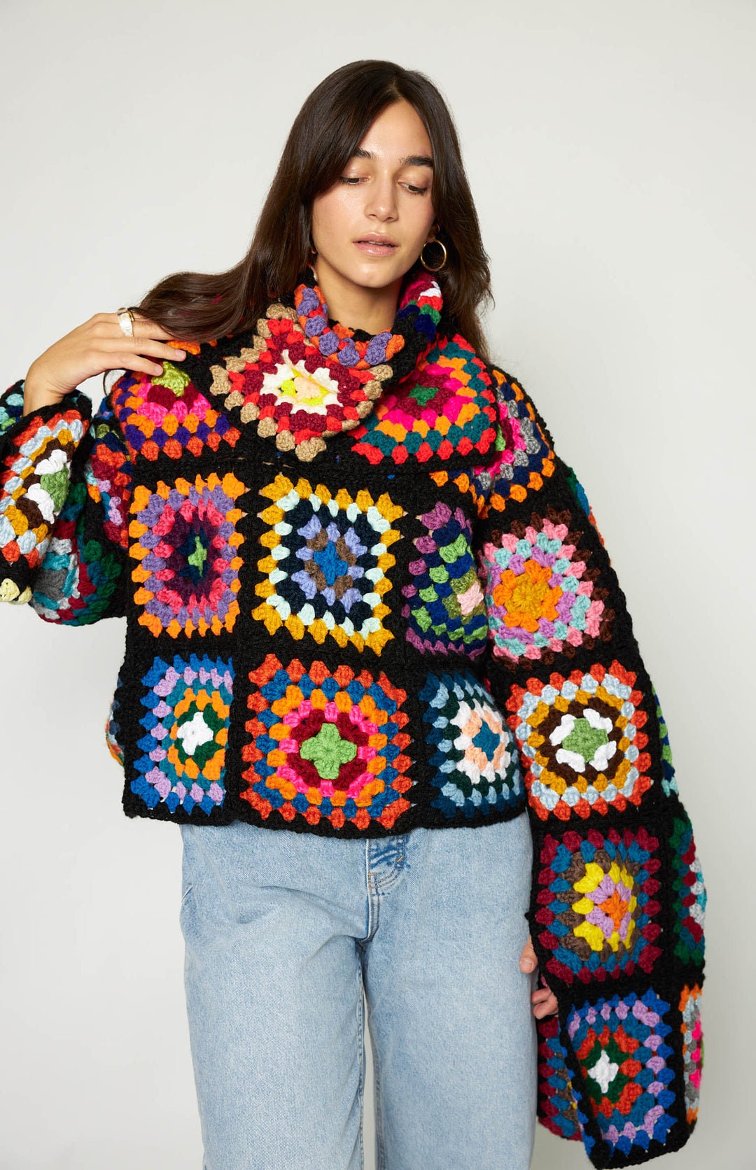 Crochet Turtleneck Sweater Granny Square Sweater hademade - Etsy