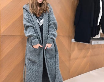 Hand-Knitted Wool Duster Coat: Extra Long Hooded Cardigan