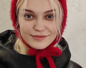 Cofano con cravatta lavorata a mano, cappello caldo invernale rosso, cofano passamontagna all'uncinetto, cofano lavorato a mano, cofano fatto a mano, cofano unisex, passamontagna fatto a mano