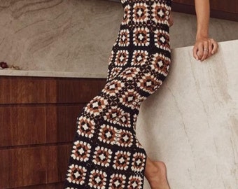 Handmade Crochet Cotton Granny Square Dress, Boho Hippie Midi Dress