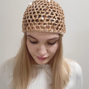 Crochet Cream Mesh Hat, Skull Cap,Netted Mesh Beanie, Handmade Hat, Mesh Beanie with sequins