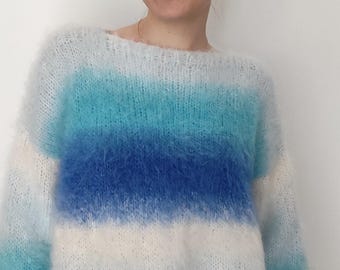 Hand Knit Mohair Sweater: Ombre Rainbow, Colorful Clothing