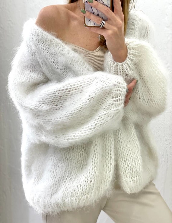 【2plan】angora mohair cardigan Vintage 1980s Ivory Angora Cardigan and Pullover Sweater Set
