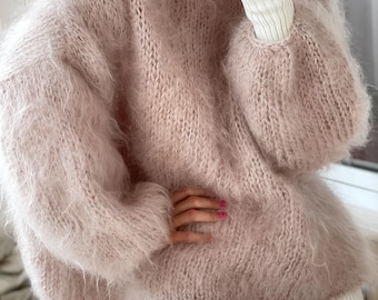 Handknit Blush Mohair Jumper, Soft Fluffy Oversized Pullover Sweater