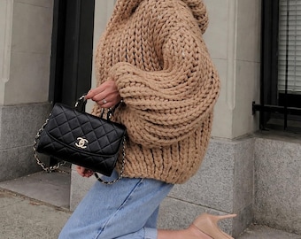Hand Knit Chunky Wool Cardigan, Oversized Hooded Sweater, Cozy Winter Jacket
