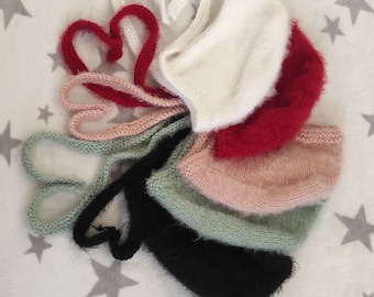 Hand Knit Tie Bonnet, Angora Blend Balaclava Bonnet