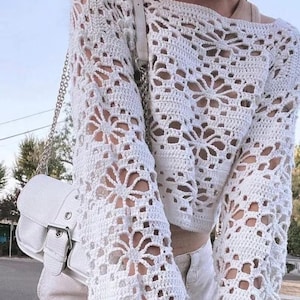 Pull fleur au crochet, pull au crochet, haut à manches longues au crochet, haut d'été fait main, chemisier à manches longues fait main, haut couvrant, vintage
