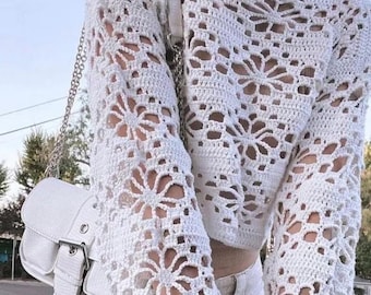 Suéter de ganchillo de flores, suéter de ganchillo, top de manga larga de ganchillo, top de verano hecho a mano, blusa de manga larga hecha a mano, tapa superior, vintage