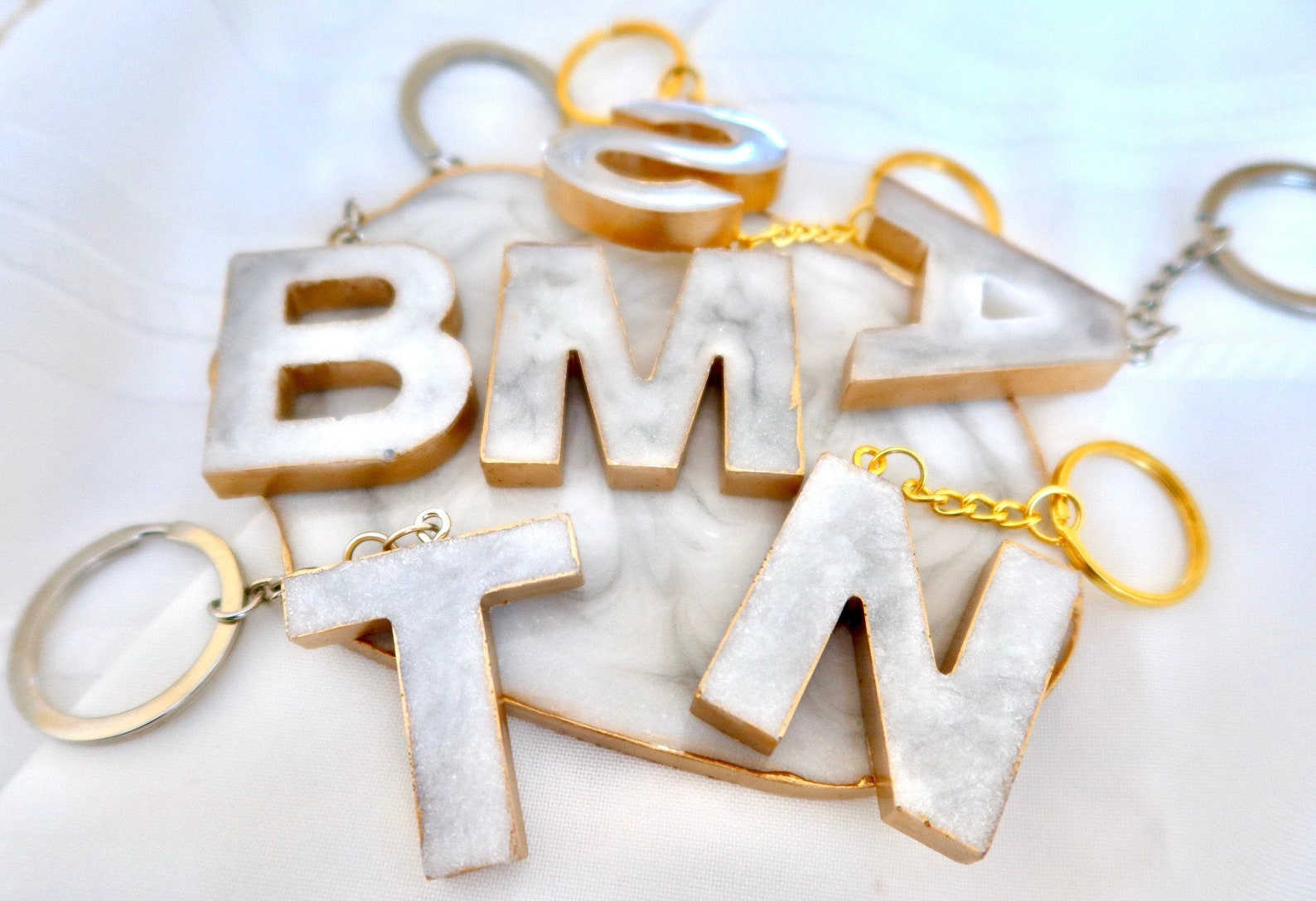 Marble & Gold Letter Resin Keychain Etsy