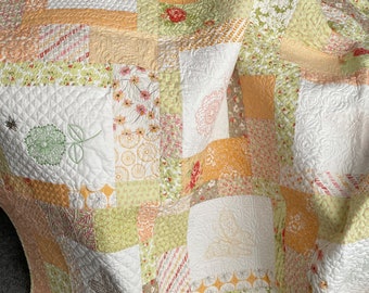 Spring Quilt, Butterfly Quilt, Peach Quilt, Green Quilt, Embroidered Quilt, Throw Quilt, Queen Coverlet, Twin Coverlet