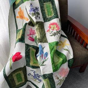 Gorgeous embroidered flowers quilt, summer flowers quilt, floral and green throw quilt, floral wall hanging